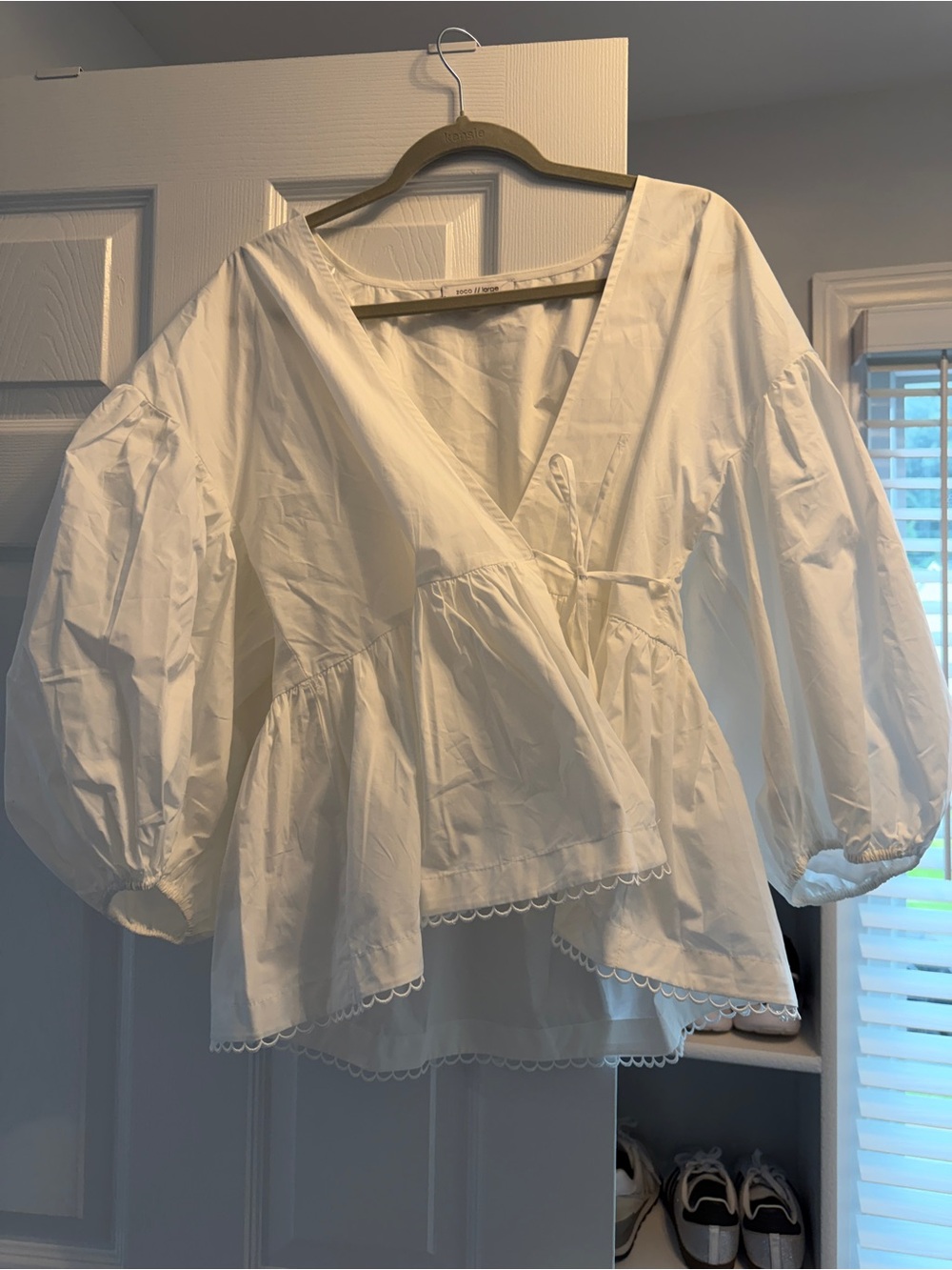 White V-Neck Tie-Front Puff Sleeve Peplum Blouse - Women's